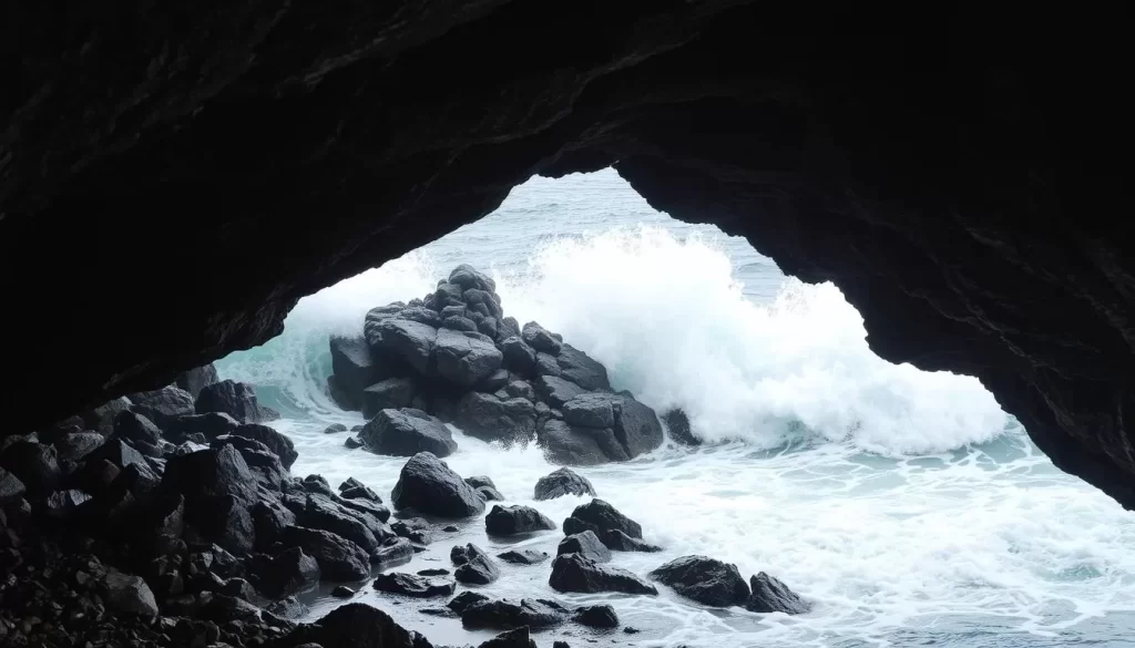 An image of Udo Shrine's cave entrance with the ocean waves crashing below.