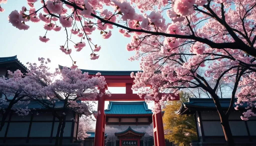 An image of Yasukuni Shrine's Torii Gate during cherry blossom season