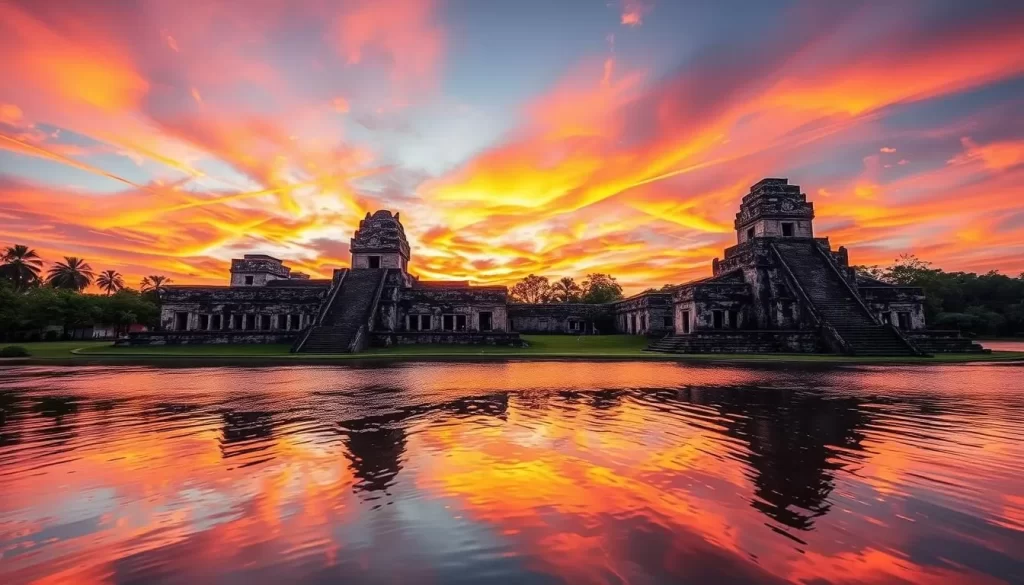 An image of Yaxha Ruins with a serene sunset view over the lagoon.