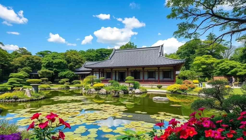An image of Yokokan Garden, featuring the beautifully restored pond and villa.