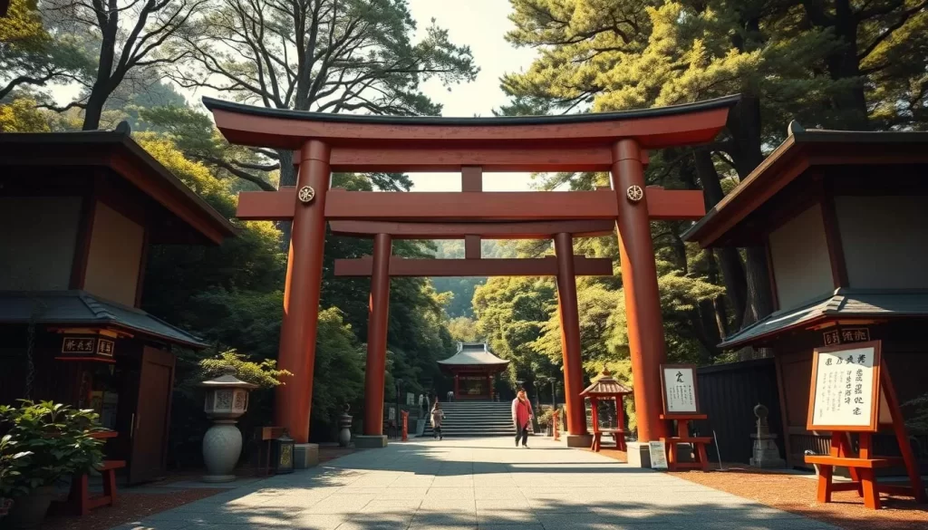An image of Yuki Shrine's torii gate and serene Shinto surroundings.