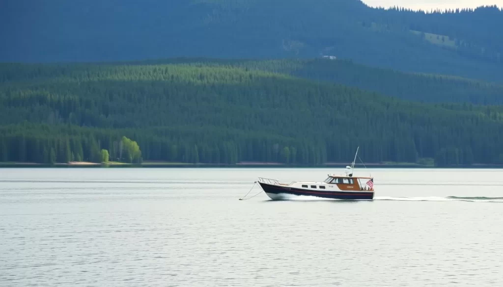 An image of a boat sailing on Cedar Lake with a beautiful Manitoba landscape in the background.
