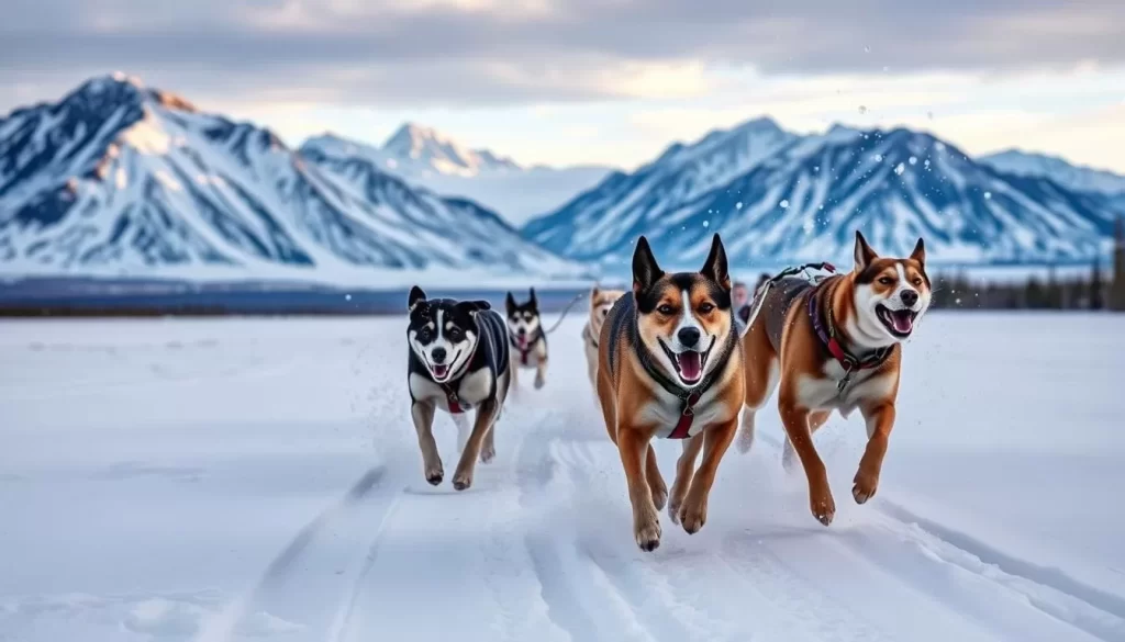 An image of a dog sled team racing across the snowy tundra near Baker Lake.
