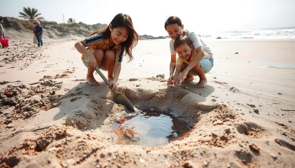 An image of a family digging a hole in the sand at Sunayu, with hot spring water seeping through.