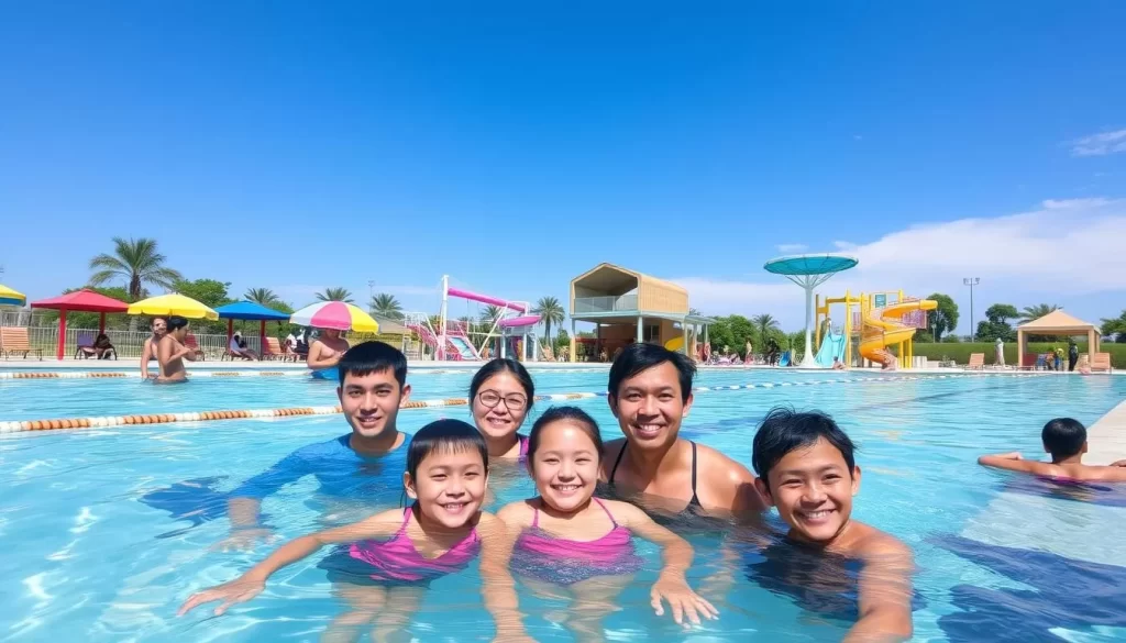 An image of a family enjoying the swimming pools and recreational facilities at Kumin Park.