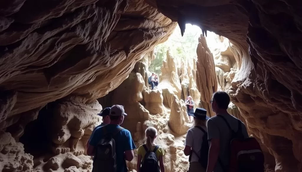 An image of a guided tour group exploring the vast underground passages of Mammoth Cave National Park.