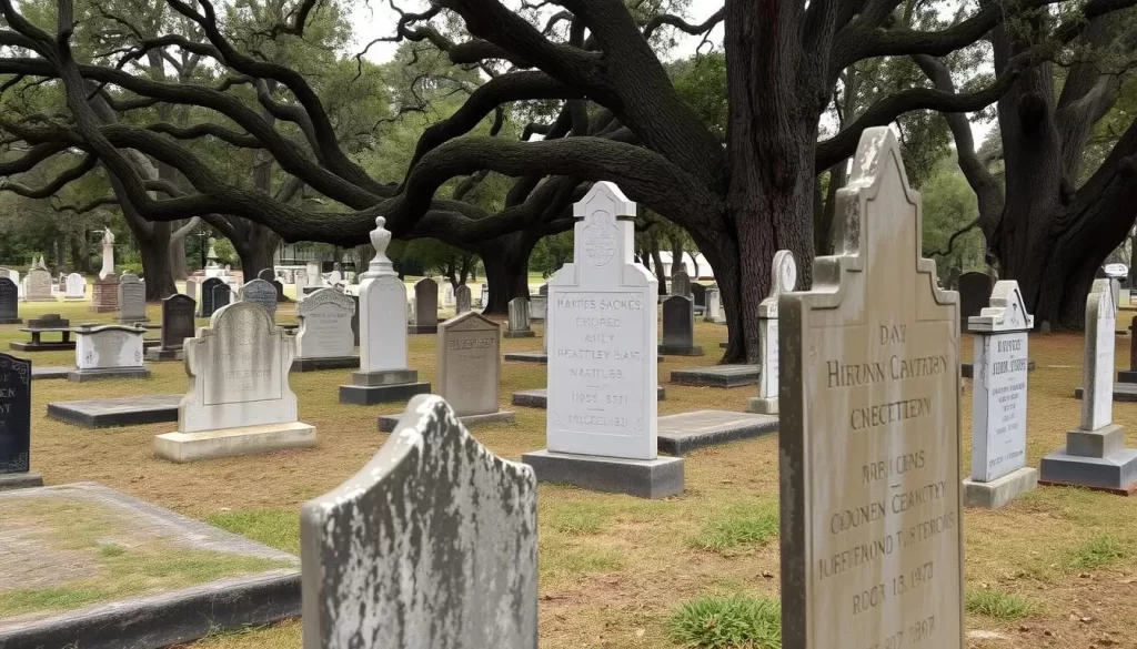 An image of a historic cemetery in Natchez, with old graves and trees.