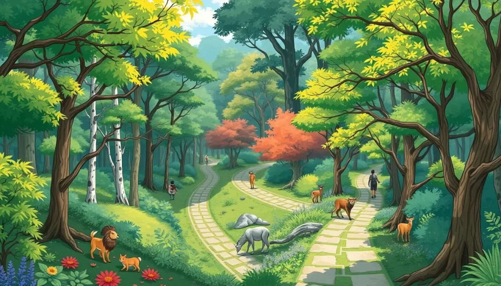 An image of a lush forest with walking trails and diverse wildlife in the heart of Shinagawa.