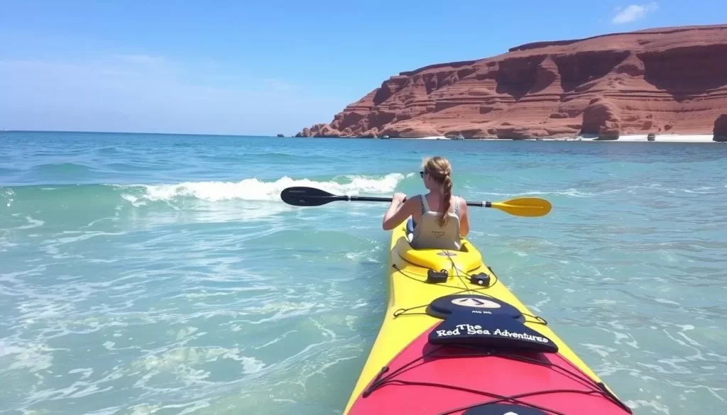 An image of a person kayaking in the calm waters of Red Sands Shore with a guide from By The Sea Adventures.