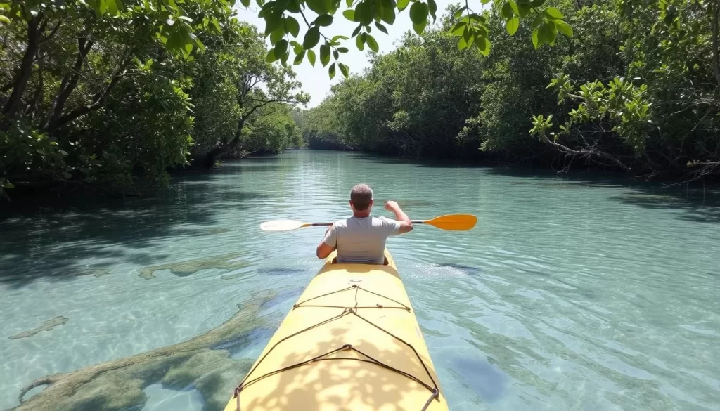 An image of a person kayaking through the clear waters of Yambaru, with mangroves lining the shore and a refreshing breeze in the air.