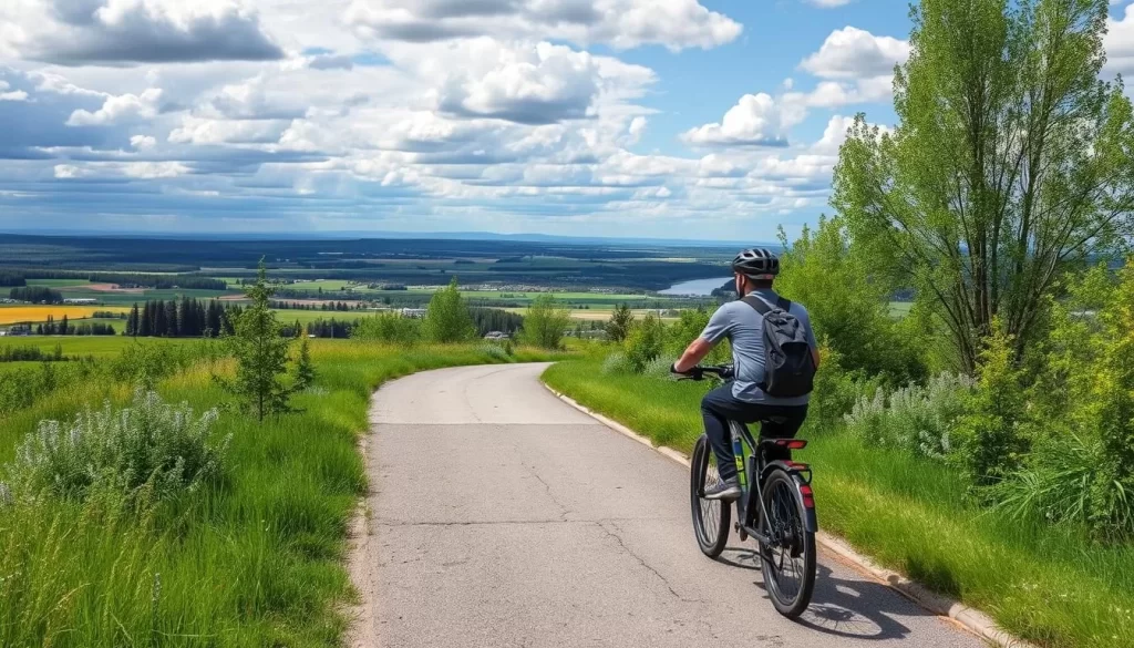 An image of a person riding an e-bike on a scenic trail in Saskatoon