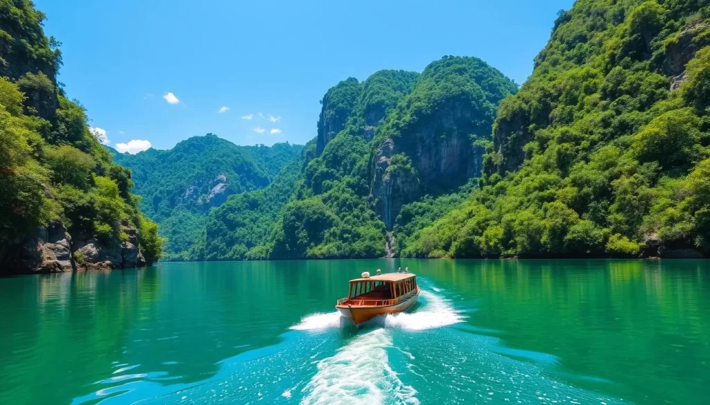 An image of a "pleasure boat" cruising through the emerald-green waters of Oboke Gorge.