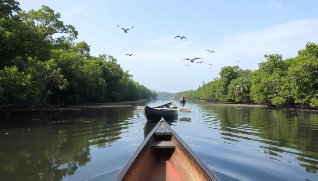 An image of a serene canoe gliding through the calm waters of Gesashi Bay Mangrove Forest, surrounded by lush greenery and the occasional bird flying overhead.