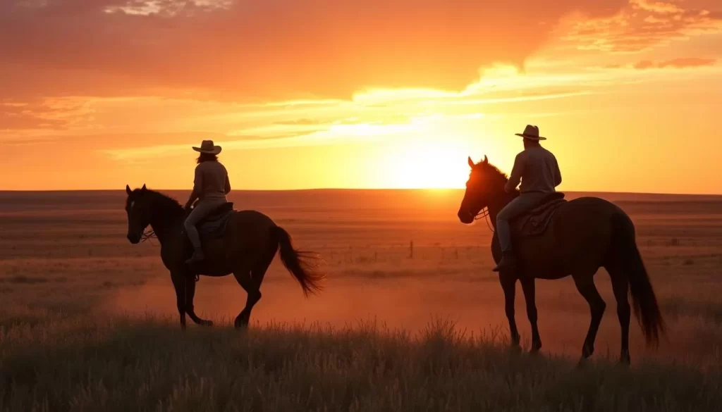 An image of a serene horseback ride through a Nebraska landscape at sunset.