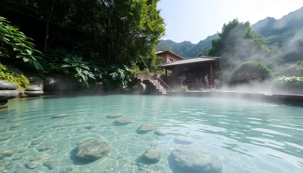 An image of a serene onsen (hot spring) in Yunomine, with natural hot water and a tranquil atmosphere.