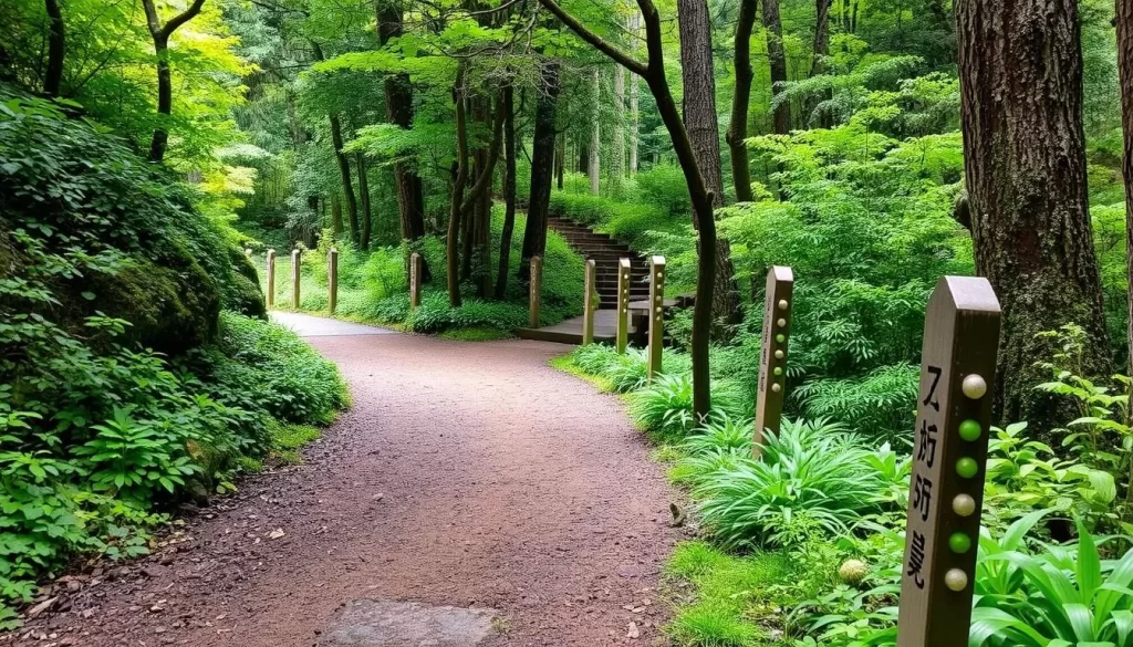 An image of a serene trail in the Kumano Kodo Pilgrimage Routes, surrounded by lush greenery and historic stone markers.