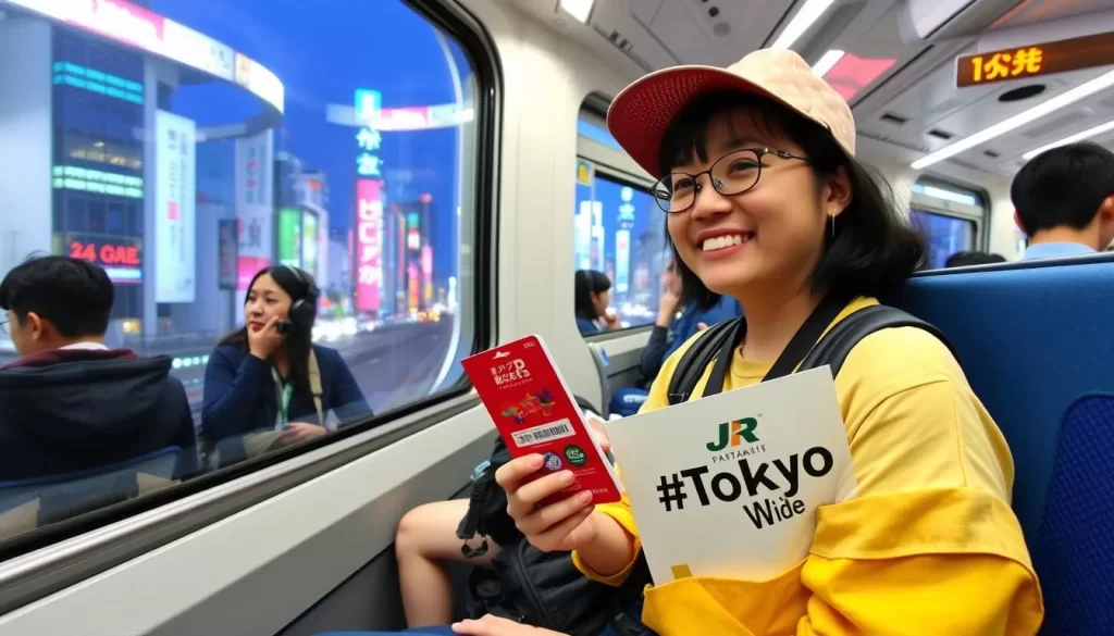 An image of a traveler using the JR Tokyo Wide Pass on a train