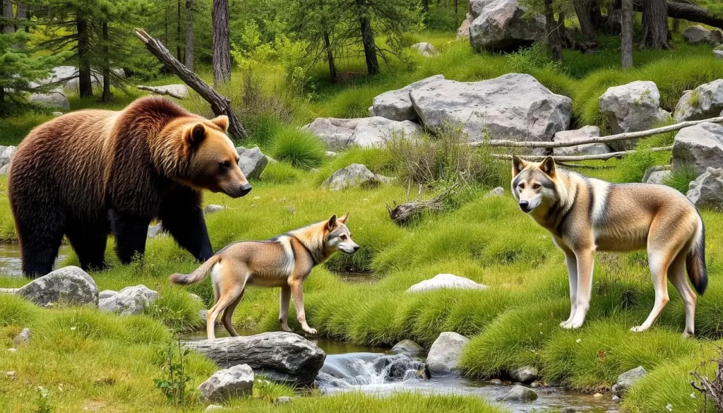 An image of grizzly bears and gray wolves in a naturalistic habitat at the Grizzly & Wolf Discovery Center.