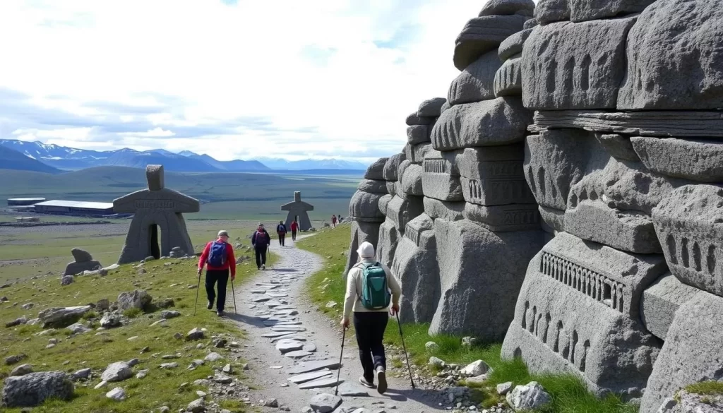 An image of hikers on the Itijjagiaq Trail, with inukshuks and unique rock formations along the path.