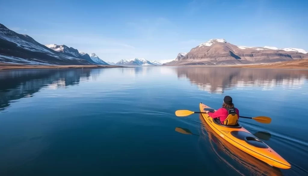 An image of kayakers paddling through the serene Soper Heritage River, surrounded by Arctic landscapes.