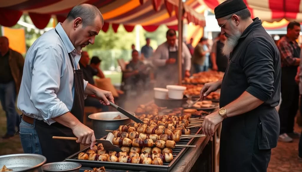 An image of men preparing traditional Armenian khorovats at the Barbecue Festival in Ahtala village.