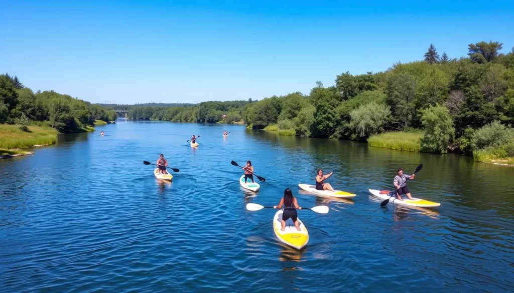 An image of people paddleboarding on the South Saskatchewan River