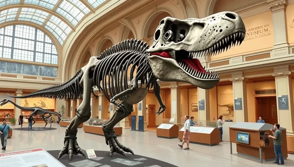 An image of the American Museum of Natural History's dinosaur hall with a Tyrannosaurus Rex skeleton.