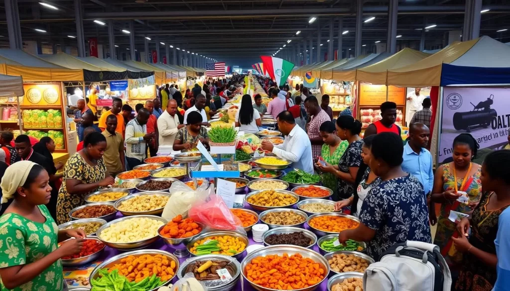 An image of the Banjul International Food and Beverage Fair, showcasing a variety of local and international cuisine, with stalls and people enjoying food.