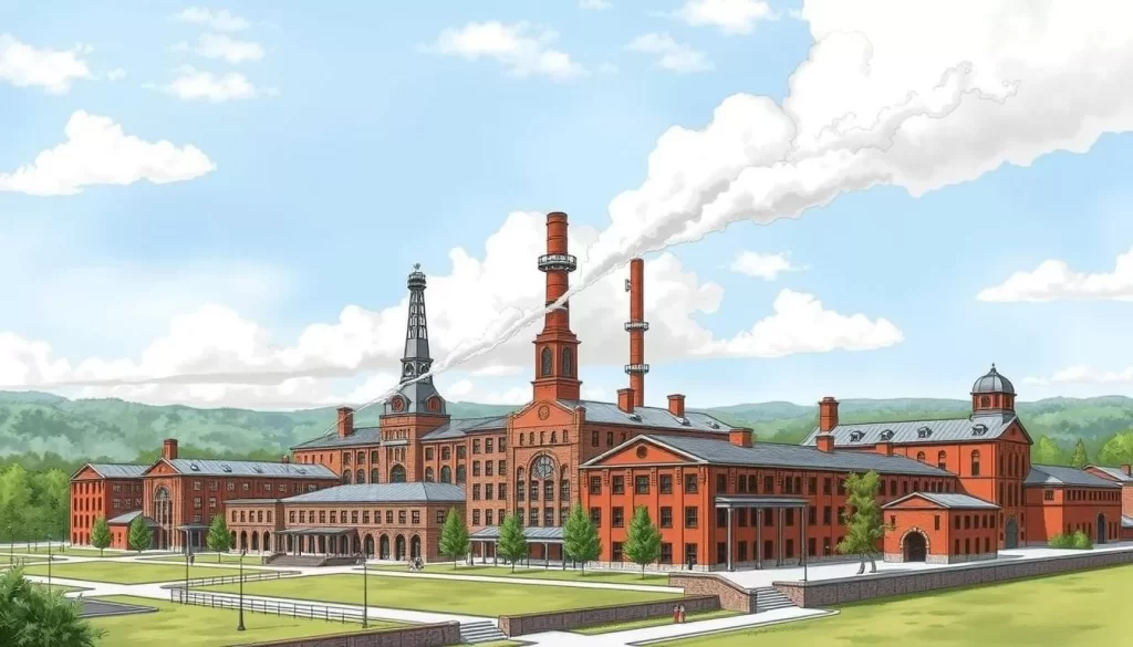 An image of the Buffalo Trace Distillery's historic buildings and warehouses.