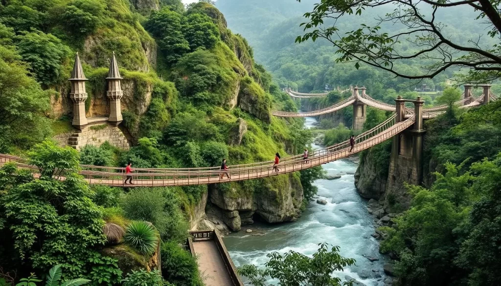 An image of the Kazurabashi vine bridges in Iya Valley, with people crossing the historic suspension bridges.