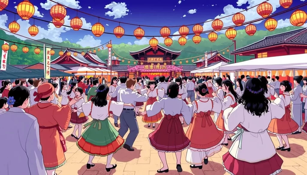 An image of the Kokiriko Festival in Gokayama, with participants dancing in a circle.