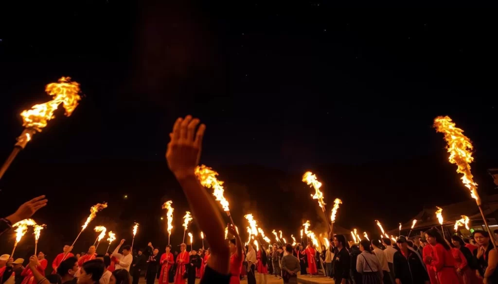 An image of the Kurama Fire Festival at night with torches lit