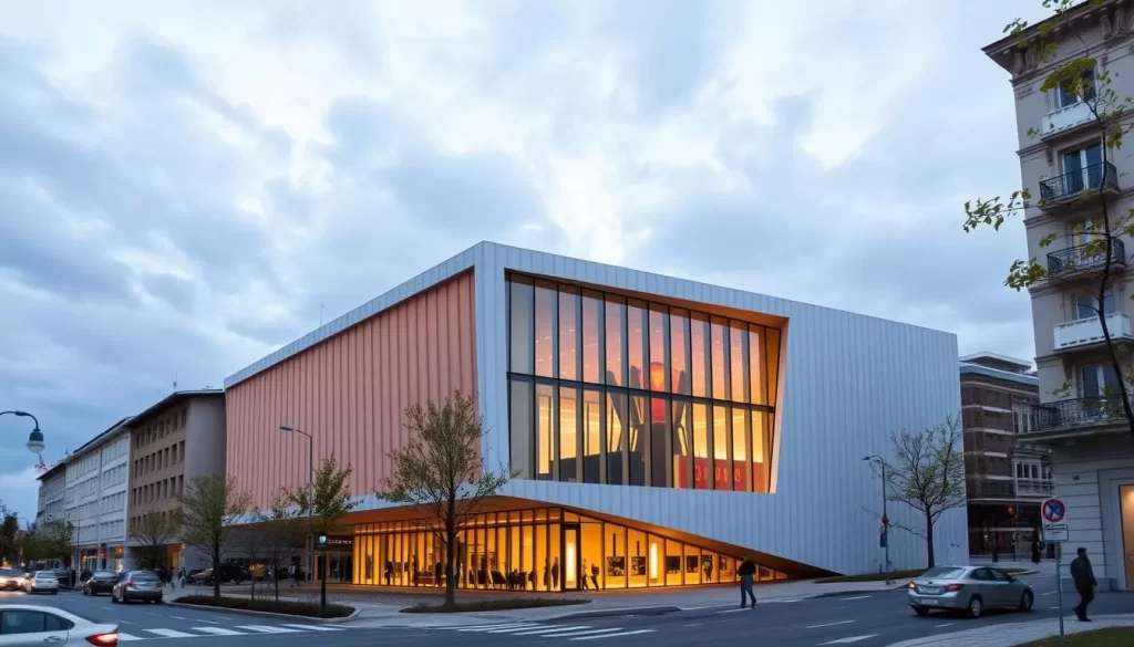 An image of the Modern Art Gallery in Zrenjanin, showcasing its modern architecture and surrounding cityscape.