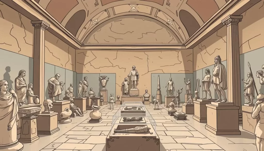An image of the National Museum of Nis, Serbia, showcasing its archaeological hall with ancient artifacts and statues.