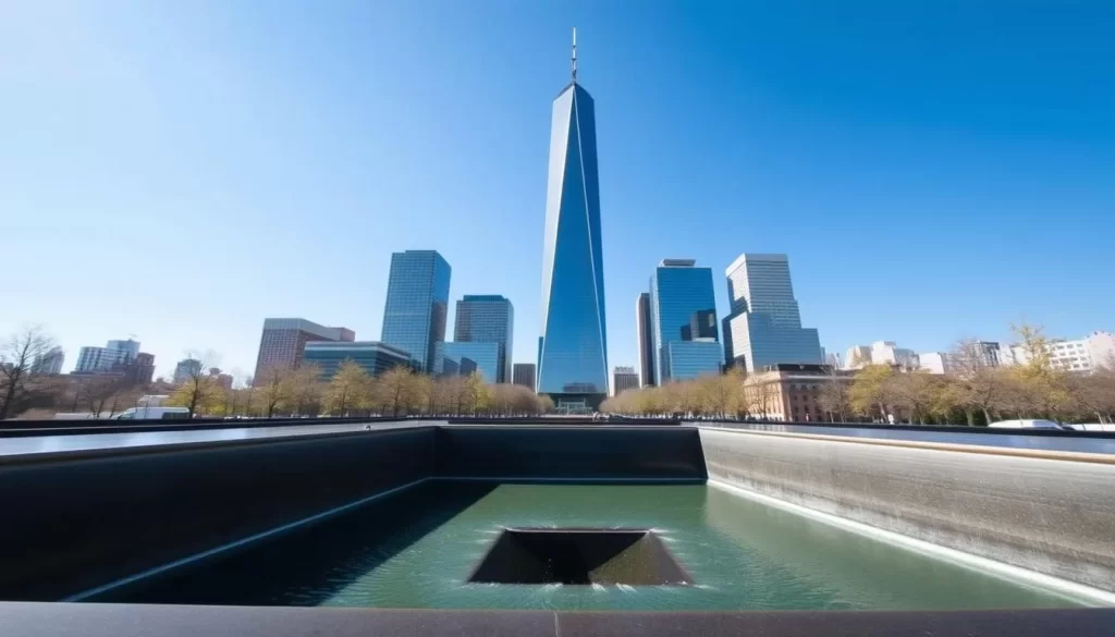 An image of the National September 11 Memorial & Museum's reflection pool with the One World Trade Center in the background.
