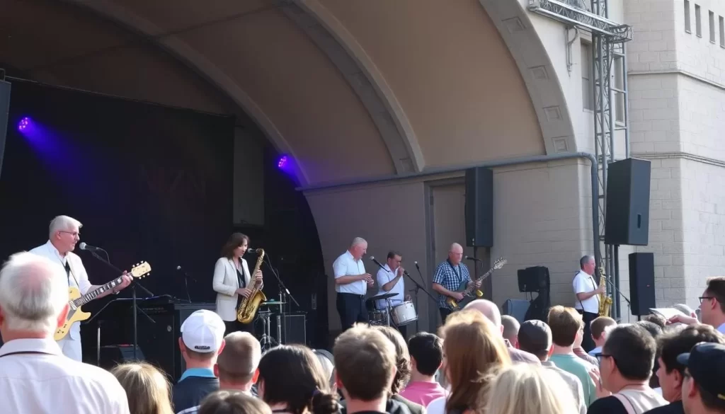 An image of the Nisville Jazz Festival stage at the Nis Fortress, with musicians performing.