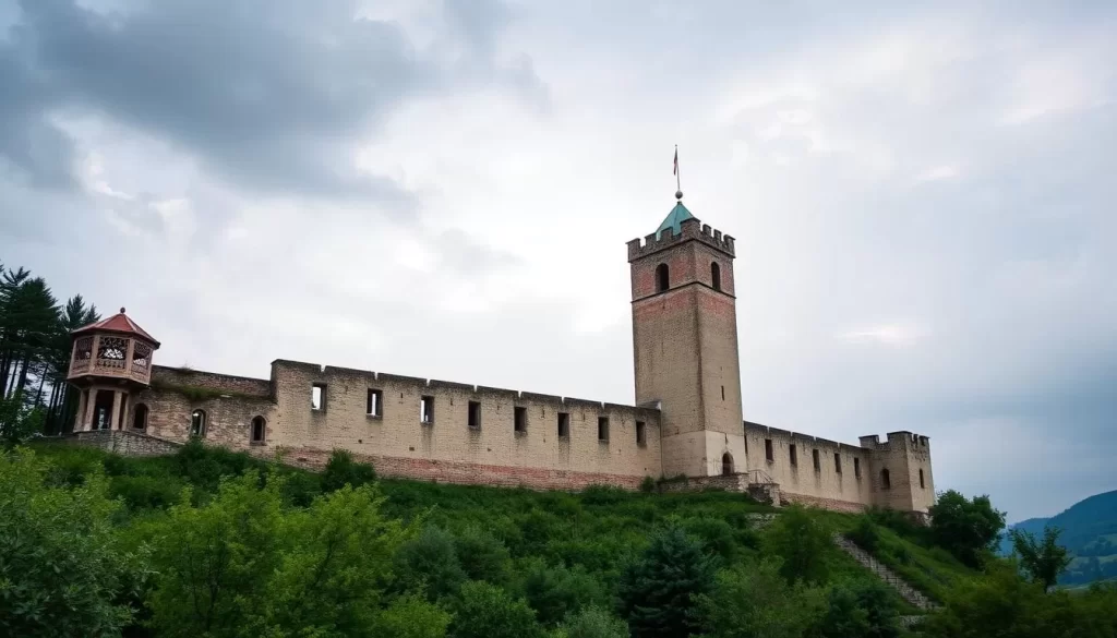 An image of the Novi Pazar fortress with its remaining walls and tower amidst greenery.