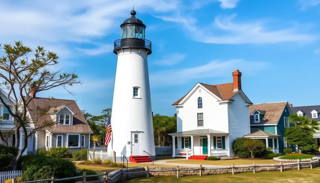 An image of the Ocracoke Lighthouse with its distinctive white exterior and the surrounding village scenery.