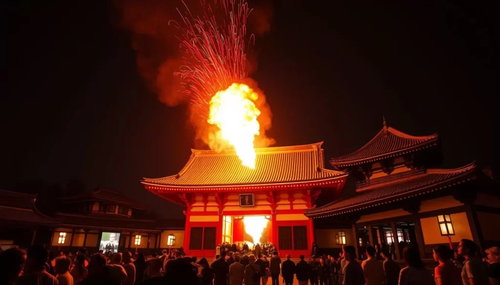An image of the Omizutori festival's fire display at Nigatsu-dō temple in Nara, Japan.