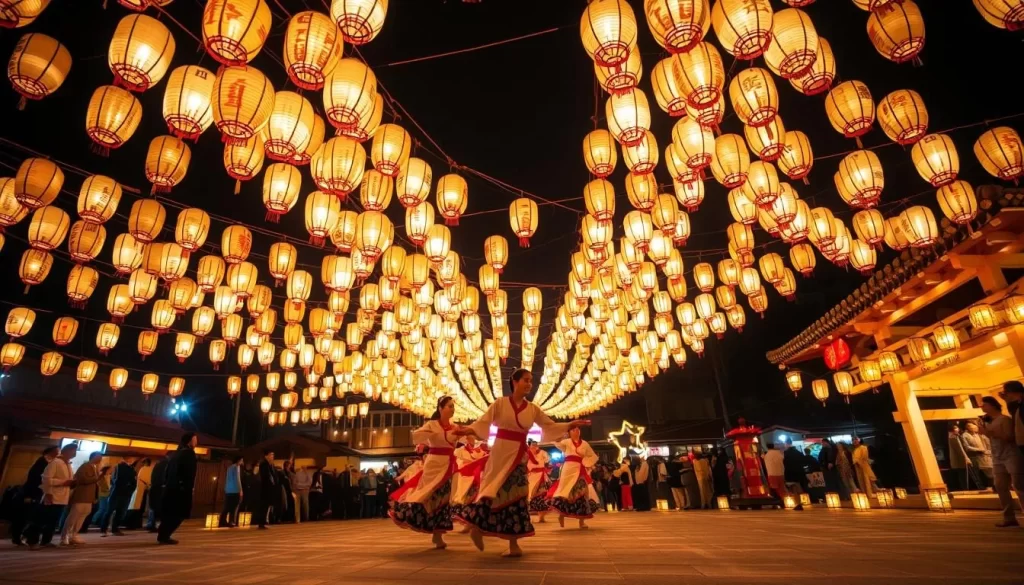 An image of the Owara Kaze no Bon Festival with dancers performing under thousands of Bonbori lanterns.