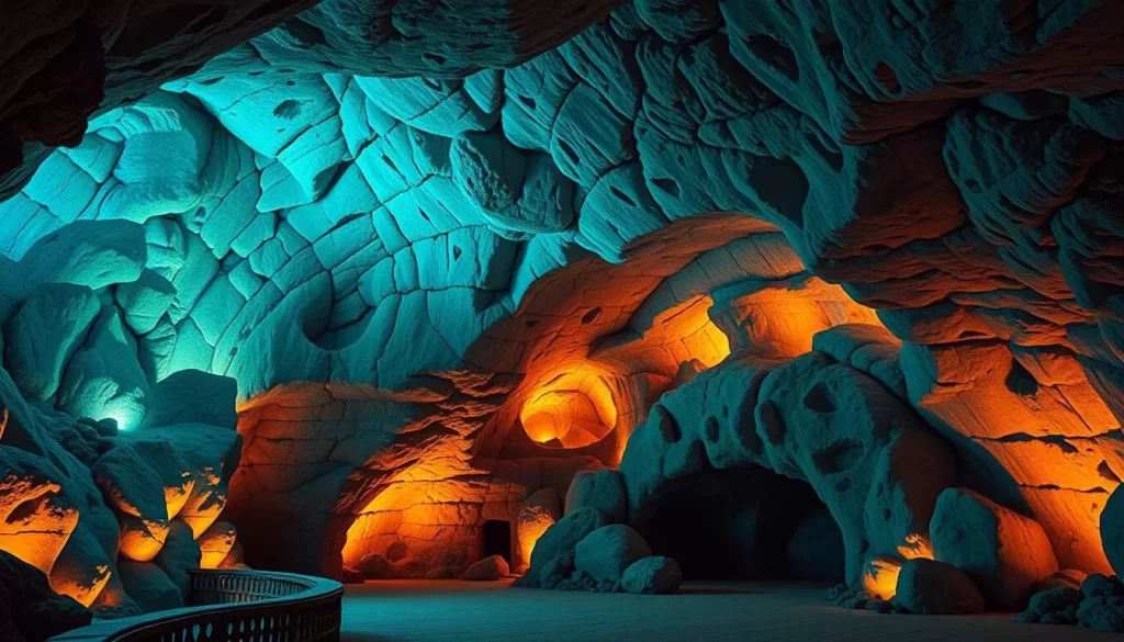 An image of the Oya History Museum's underground cavern with illuminated stone walls.