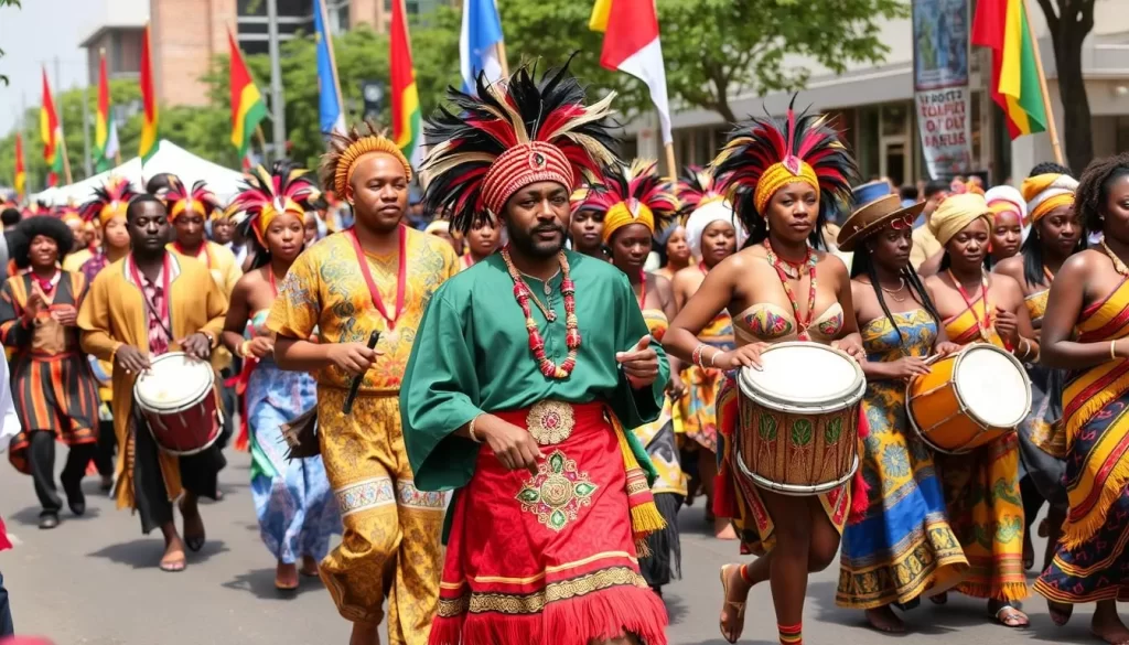 An image of the Roots Homecoming Festival, showcasing a procession of people in traditional attire, with drummers and dancers.