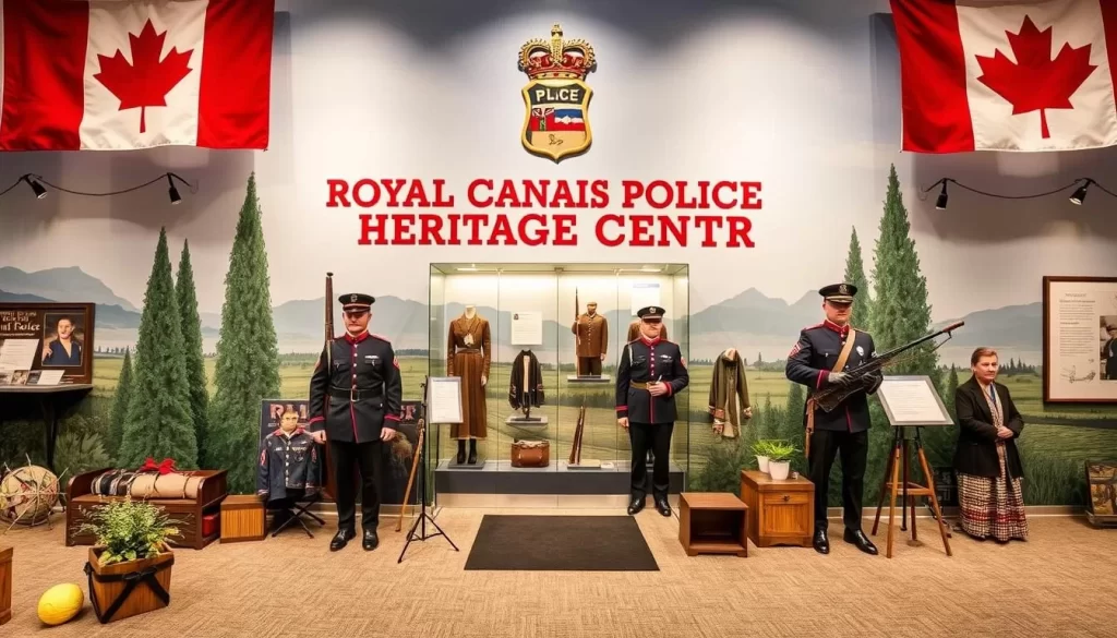 An image of the Royal Canadian Mounted Police Heritage Centre in Regina, showcasing its historic uniforms and equipment.