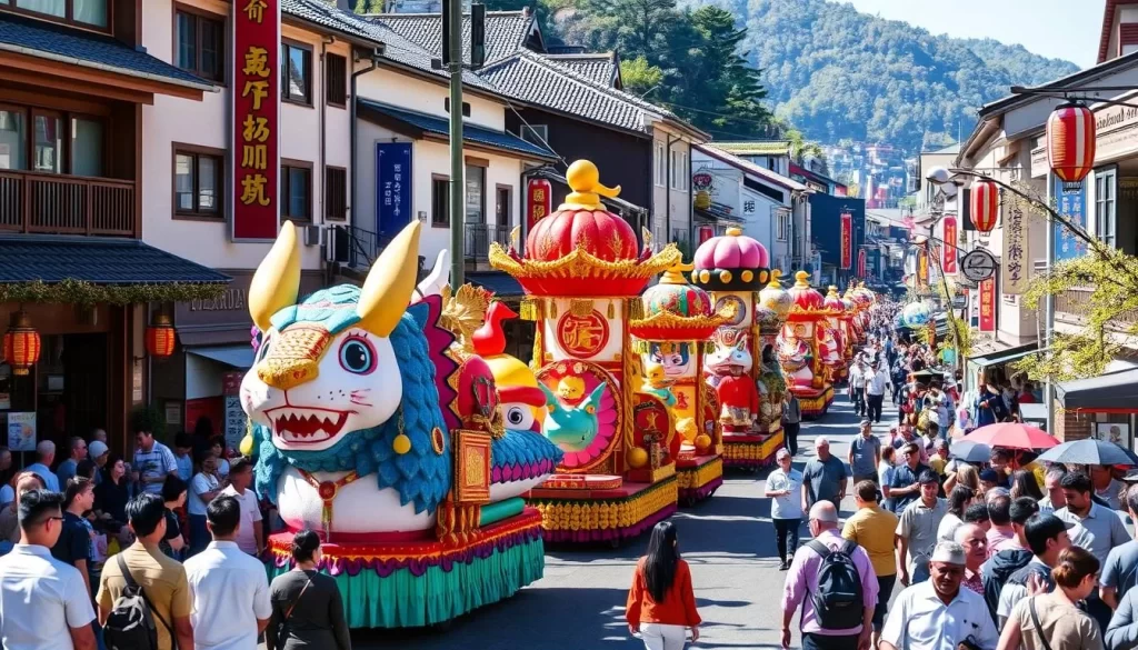 An image of the Shinminato Hikiyama Festival with floats parading through the town.