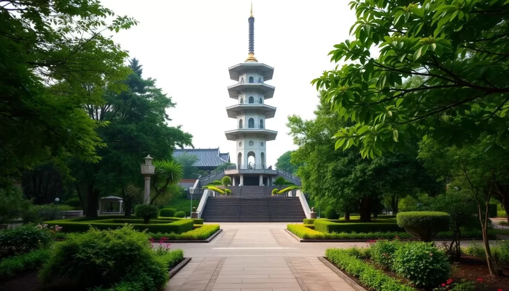 An image of the Tower of Peace in Heiwadai Park, surrounded by serene gardens.