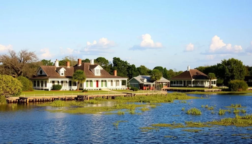 An image of the Vermilionville Living History Museum grounds, showcasing historic houses and the bayou.