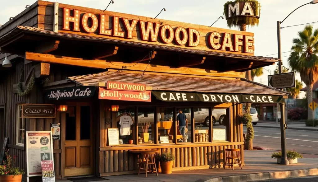 An image of the exterior of Hollywood Cafe, showcasing its rustic charm and roadside location.