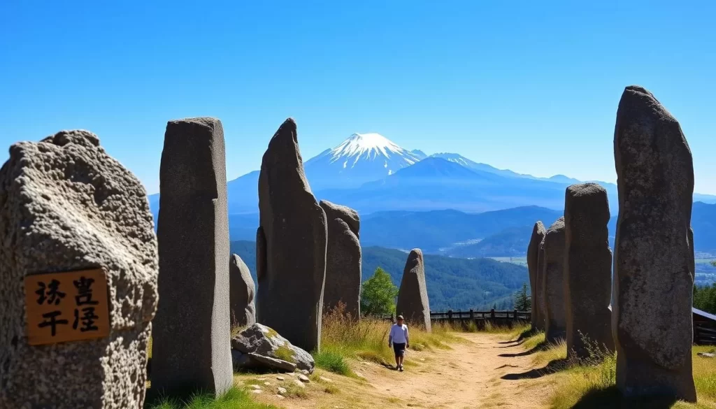 An image of the megaliths at Aso-Kuju National Park, with the Five Peaks in the background.