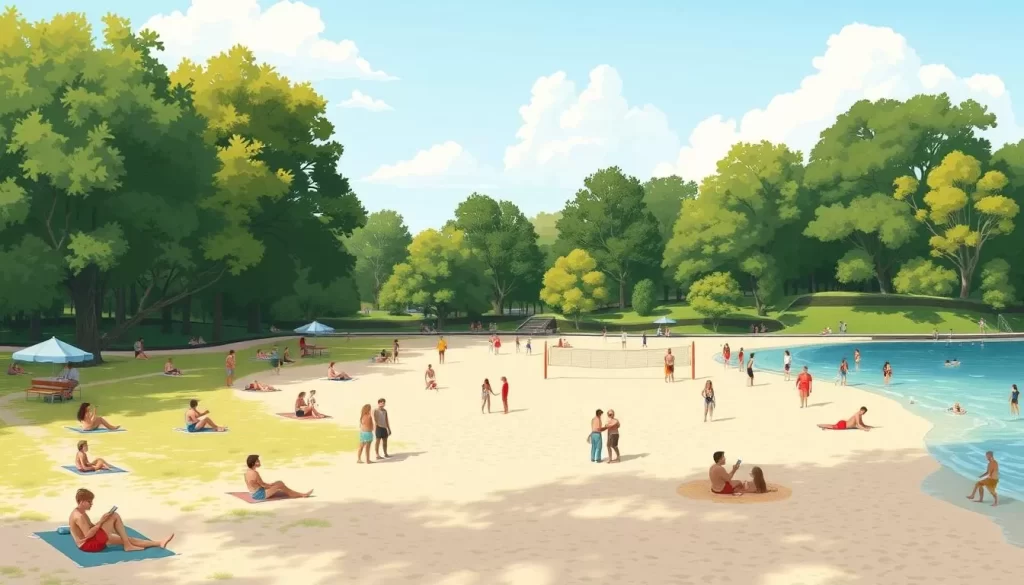An image of the park's beach area with visitors enjoying various activities.