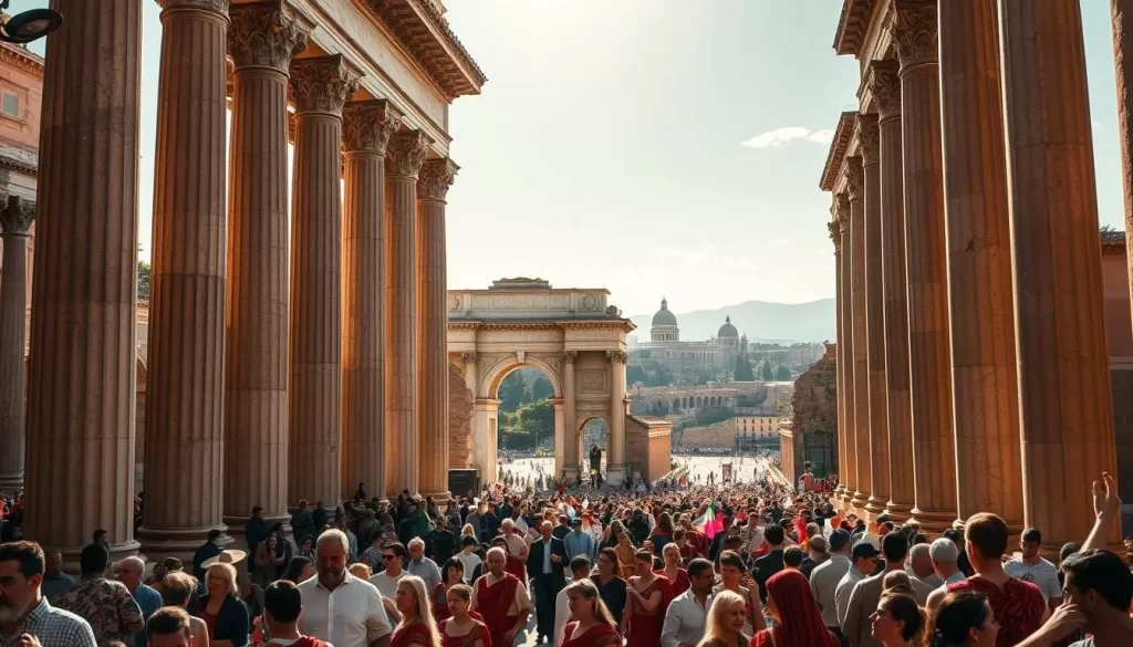 An immersive scene of the Natale di Roma celebration at the iconic Roman Forum, capturing the grandeur and historical significance of this iconic location. Bask in the warm sunlight filtering through ancient columns, illuminating the bustling crowds adorned in traditional Roman attire. In the foreground, a lively procession winds its way through the ancient ruins, with performers, musicians, and revelers celebrating the founding of Rome. In the middle ground, the magnificent Arch of Titus stands tall, framing the festivities. The background reveals the majestic skyline of Rome, with the Colosseum and other landmarks visible in the distance, creating a captivating juxtaposition of past and present. The scene exudes a sense of cultural vibrancy and historical resonance, perfectly capturing the essence of the Natale di Roma celebration.